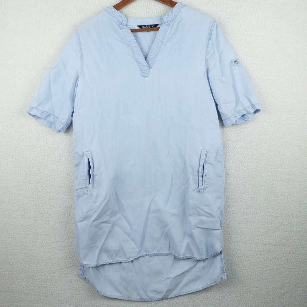 Vintage Tunic Top Womens Extra Small Blue Chambray Pockets Lightweight 90s